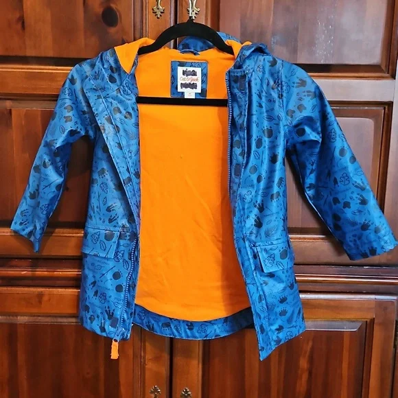 Blue Kids Rain Jacket with Orange Lining, Dinosaur Pattern, 4T - Picture 4 of 8